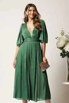 Rochie DY Fashion midi verde din voal in clos cu tull la decolteu si crapatura pe picior
