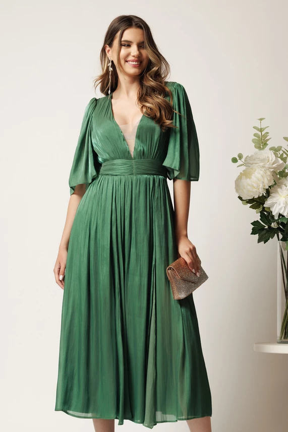 Rochie DY Fashion midi verde din voal in clos cu tull la decolteu si crapatura pe picior Rochie DY Fashion midi verde din voal in clos cu tull la decolteu si crapatura pe picior