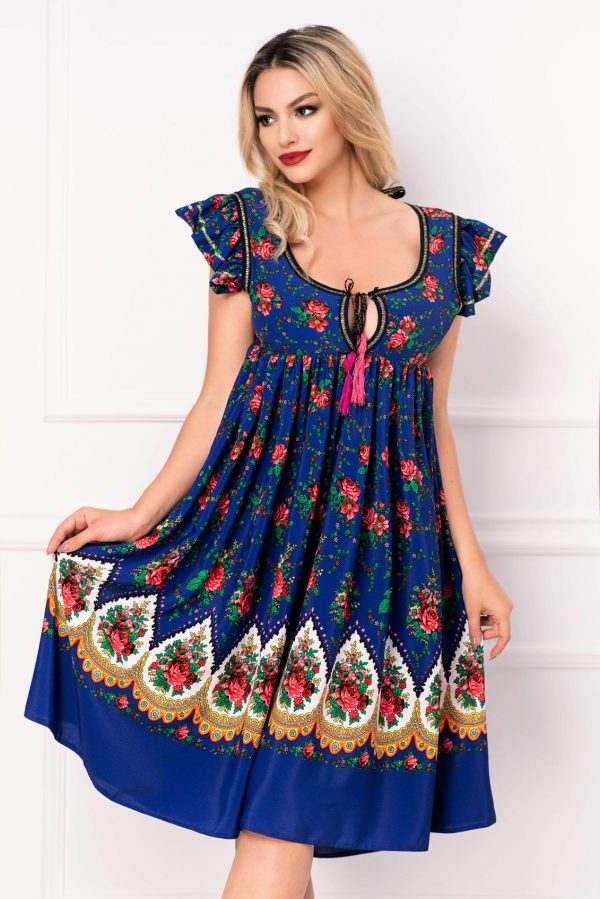 Rochie Venezia lejera albastra cu decupaj la spate si imprimeu floral Rochie Venezia lejera albastra cu decupaj la spate si imprimeu floral