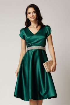 Rochie Amira midi verde din tafta cu paiete pe maneci si cordon in talie