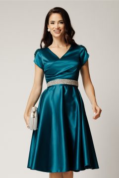 Rochie Amira midi verde petrol din tafta cu paiete pe maneci si cordon in talie