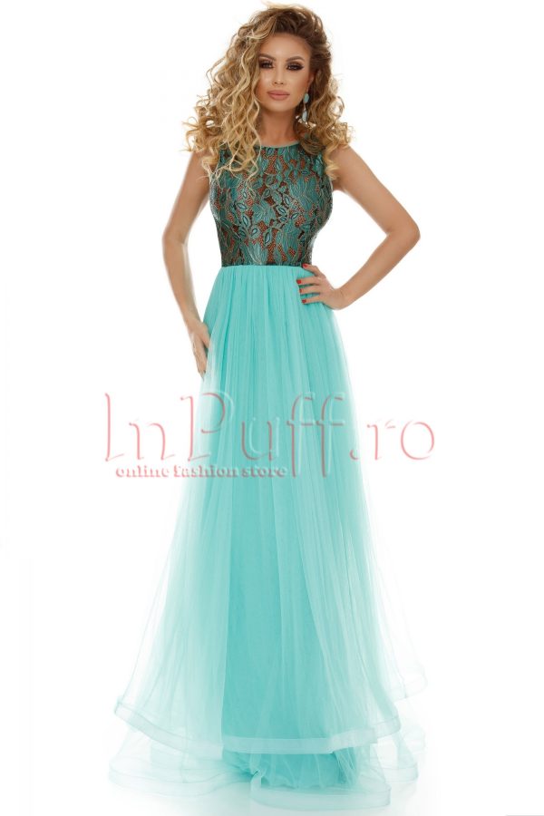 Rochie Atmosphere lunga din tul mint cu dantela verde in zona bustului Rochie Atmosphere lunga din tul mint cu dantela verde in zona bustului