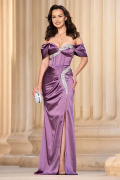 Rochie de lux Emma lila decorata cu strassuri pretioase