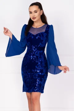 Rochie de ocazie din catifea albastra Celine cu maneci din voal si model paietat