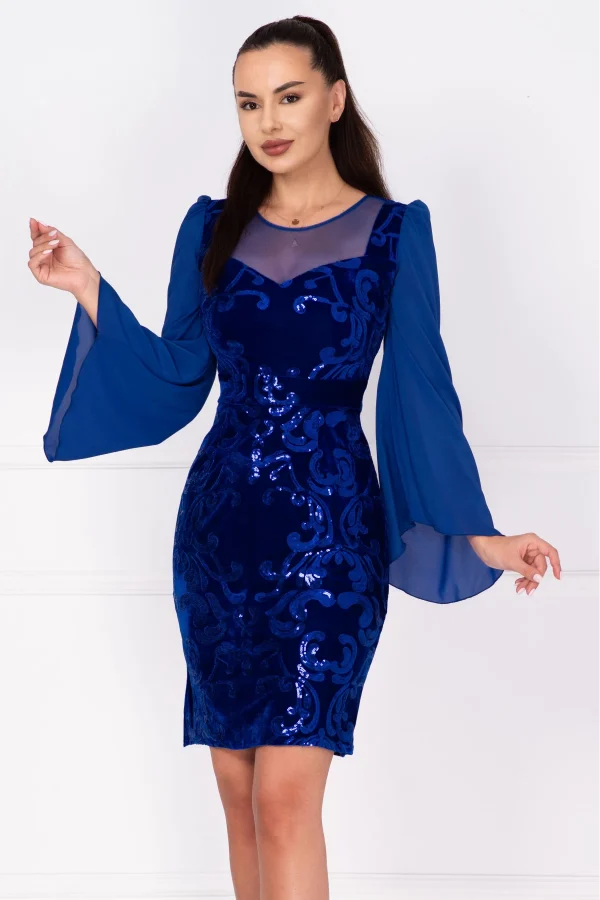 Rochie de ocazie din catifea albastra Celine cu maneci din voal si model paietat Rochie de ocazie din catifea albastra Celine cu maneci din voal si model paietat