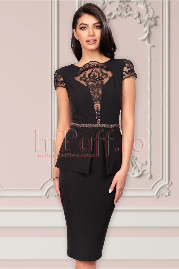 Rochie de ocazie MBG neagra din stofa cu decolteu transparent si strasuri in talie Rochie de ocazie MBG neagra din stofa cu decolteu transparent si strasuri in talie