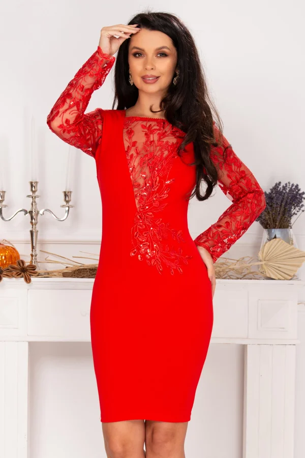Rochie de ocazie Odette rosie cu aplicatii brodate Rochie de ocazie Odette rosie cu aplicatii brodate