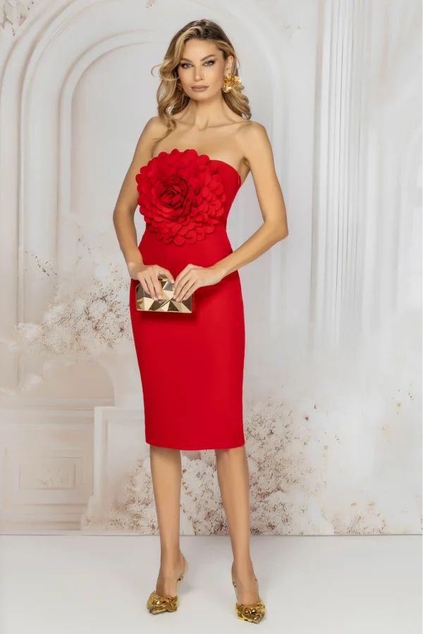 Rochie de ocazie rosie eleganta conica cu floare maxi 3D Rochie de ocazie rosie eleganta conica cu floare maxi 3D