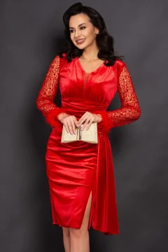 Rochie de ocazie rosie Madeline din catifea cu maneci paietate