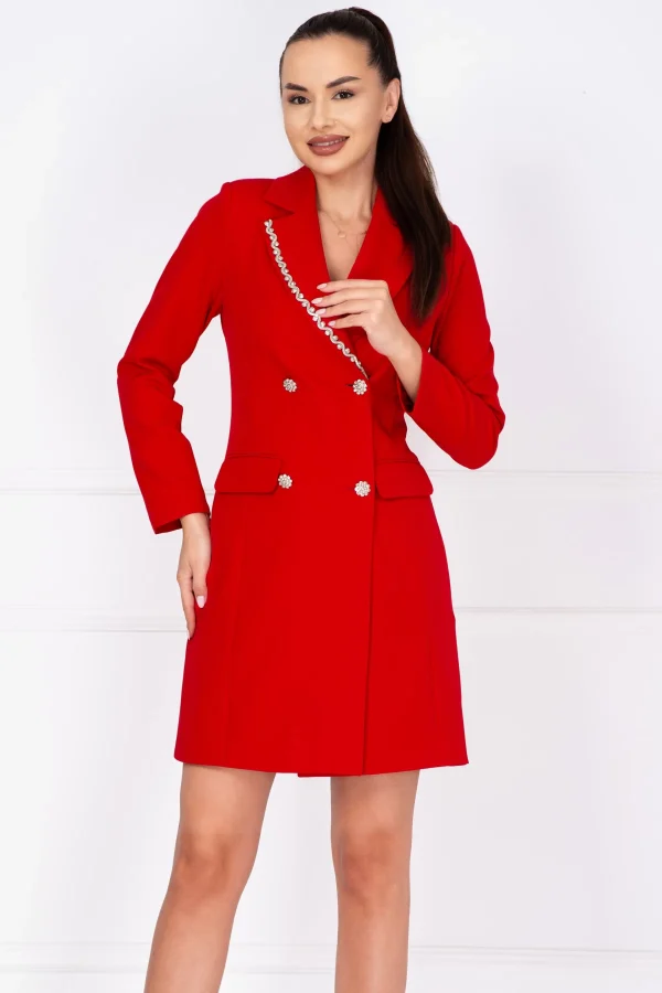 Rochie de ocazie rosie tip sacou Nadina decorata cu strassuri Rochie de ocazie rosie tip sacou Nadina decorata cu strassuri