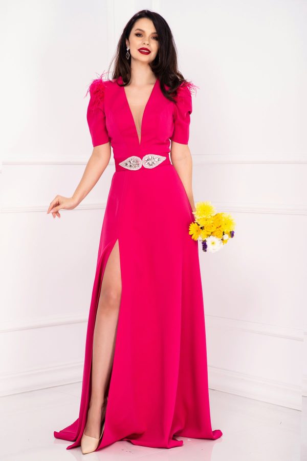 Rochie de ocazie zmeura Alissa cu crapatura pe picior si fulgi la umeri Rochie de ocazie zmeura Alissa cu crapatura pe picior si fulgi la umeri