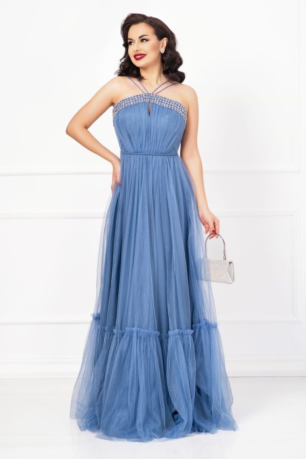 Rochie de seara Christine bleu cu model din strassuri Rochie de seara Christine bleu cu model din strassuri