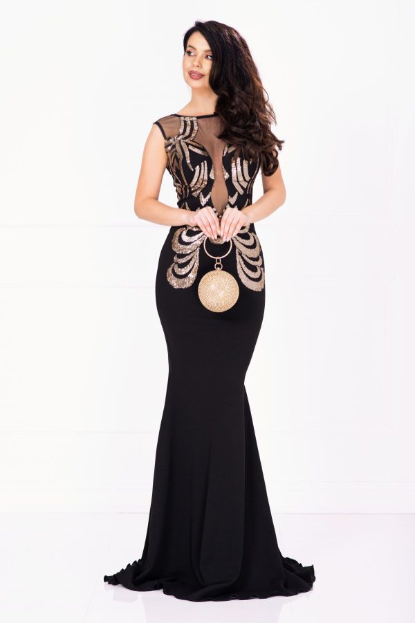 Rochie de seara eleganta lunga Bekky neagra cu model din paiete aurii Rochie de seara eleganta lunga Bekky neagra cu model din paiete aurii