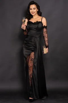 Rochie de seara eleganta neagra din satin Teresa cu insertii din dantela