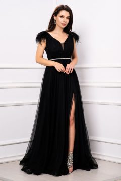 Rochie de seara Gratiela neagra cu perle in talie si accesoriu tip fulgi