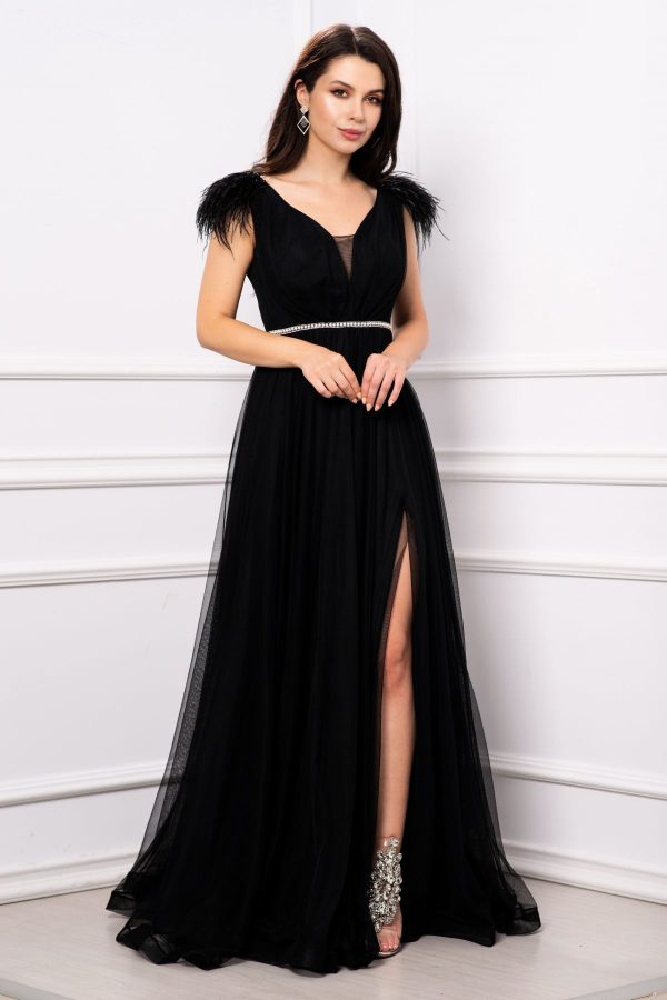 Rochie de seara Gratiela neagra cu perle in talie si accesoriu tip fulgi Rochie de seara Gratiela neagra cu perle in talie si accesoriu tip fulgi