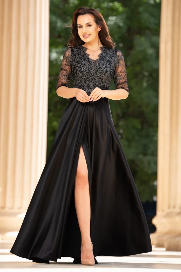Rochie de seara lunga neagra Lucrezia din tafta cu broderie Rochie de seara lunga neagra Lucrezia din tafta cu broderie