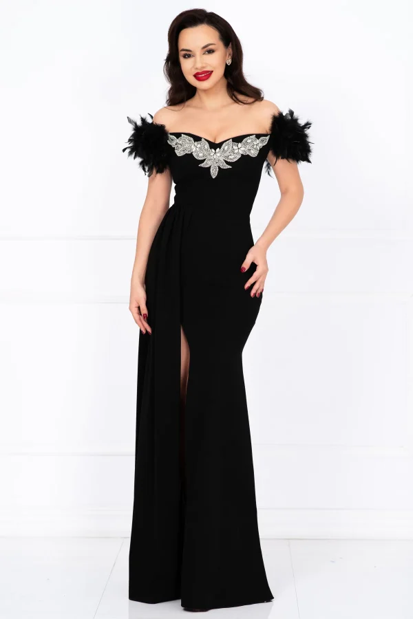 Rochie de seara lunga neagra tip sirena Alissa cu fulgi si trena Rochie de seara lunga neagra tip sirena Alissa cu fulgi si trena