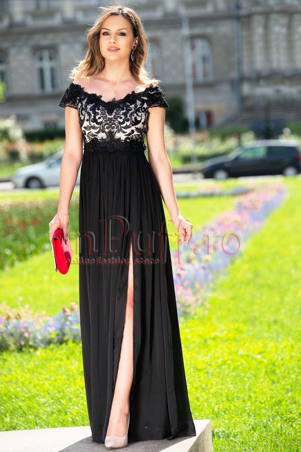 Rochie de seara neagra Agatha din dantela si triplu voal creponat Rochie de seara neagra Agatha din dantela si triplu voal creponat