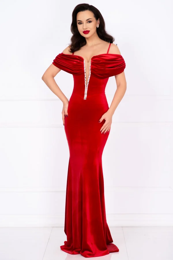 Rochie de seara rosie din catifea Leila cu fronseuri si strassuri Rochie de seara rosie din catifea Leila cu fronseuri si strassuri