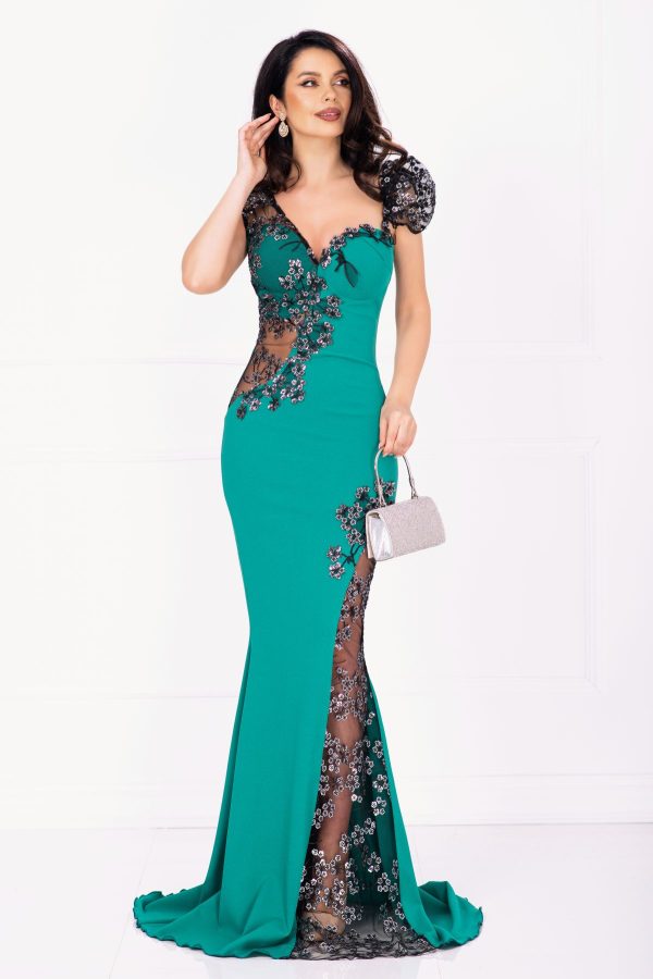 Rochie de seara tip sirena Sherrel verde cu flori din paiete argintii
