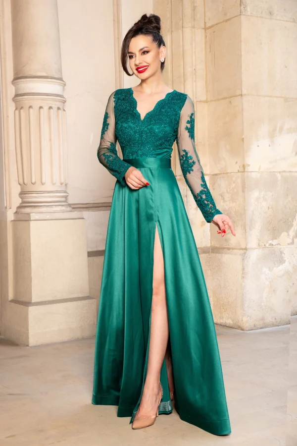 Rochie de seara verde din tafta Joana lunga cu bust din dantela