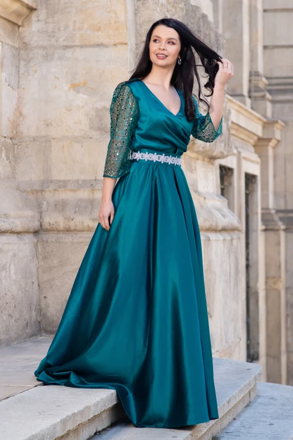Rochie de seara verde Giorgia lunga din tafta cu maneci paietate Rochie de seara verde Giorgia lunga din tafta cu maneci paietate