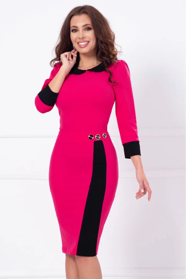 Rochie de zi conica ciclame Lily cu guler si mansete negre Rochie de zi conica ciclame Lily cu guler si mansete negre