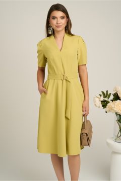 Rochie din stofa verde lime cu cordon in talie si decoteu in V