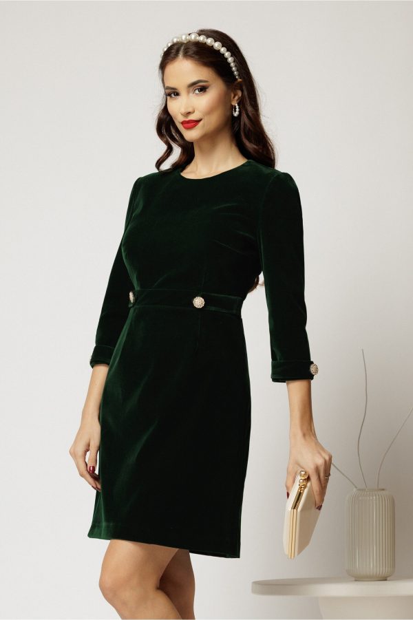 Rochie DY Fashion din catifea fixa verde cu nasturi pe talie