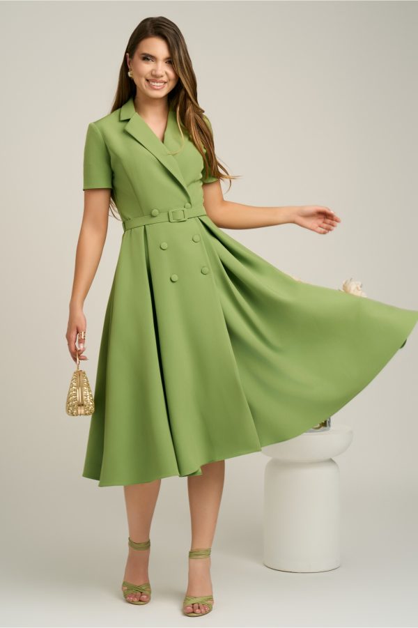 Rochie DY Fashion din stofa verde cu nasturi si curea in talie