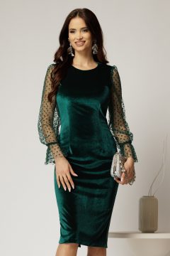 Rochie DY Fashion eleganta din catifea verde cu maneci din tull cu buline