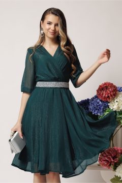 Rochie DY Fashion eleganta din voal verde inchis cu fir stralucitor si cordon