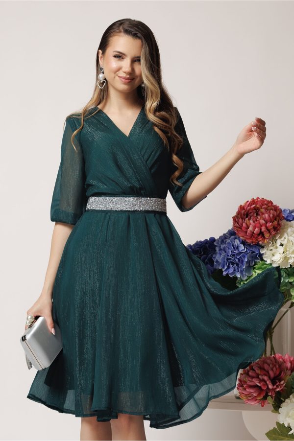 Rochie DY Fashion eleganta din voal verde inchis cu fir stralucitor si cordon Rochie DY Fashion eleganta din voal verde inchis cu fir stralucitor si cordon