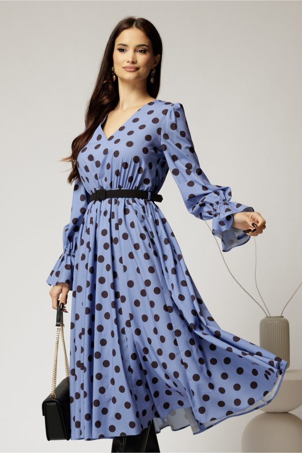 Rochie DY Fashion midi din voal bleu cu buline si curea in talie Rochie DY Fashion midi din voal bleu cu buline si curea in talie