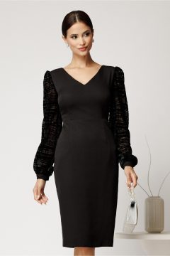 Rochie DY Fashion midi neagra din stofa conica cu maneci din dantela