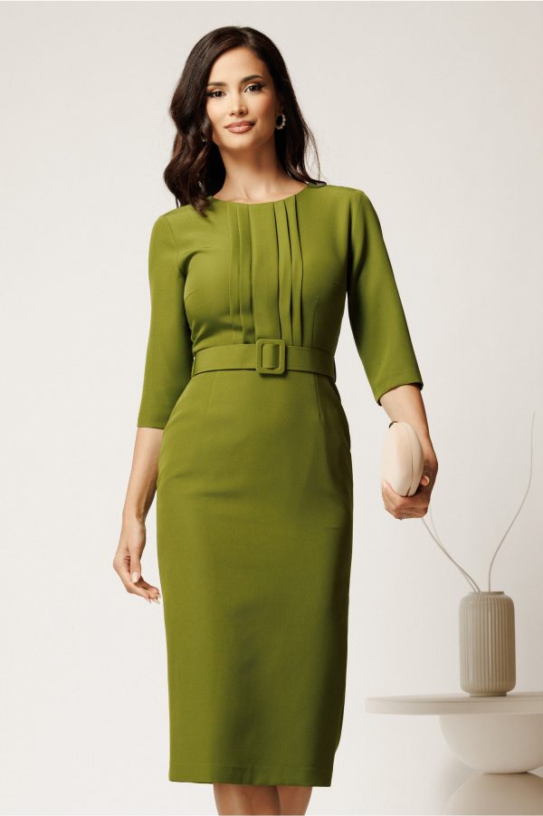 Rochie DY Fashion midi verde crud din stofa conica cu pliuri pe bust si curea in talie