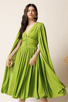 Rochie DY Fashion midi verde crud din voal in clos cu nasturi si maneci ample
