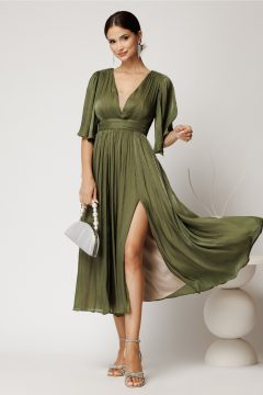 Rochie DY Fashion midi verde din voal in clos cu aspect sidefat si maneci sparte