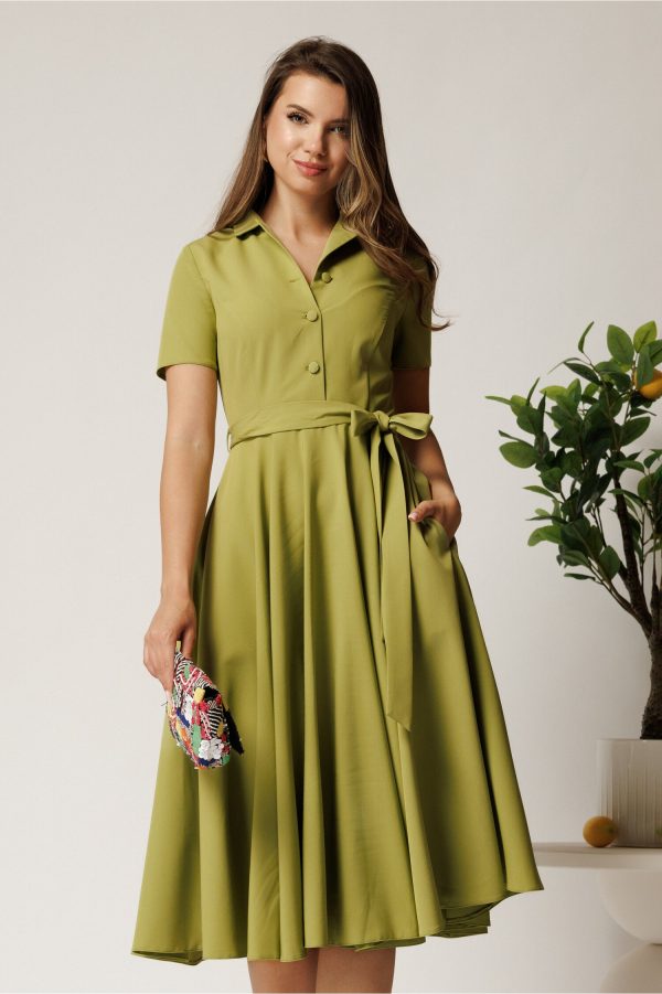 Rochie DY Fashion midi verde lime din stofa subtire cu cordon si buzunare Rochie DY Fashion midi verde lime din stofa subtire cu cordon si buzunare