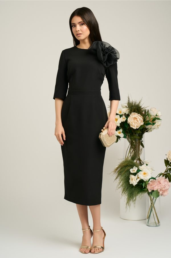 Rochie Dy Fashion neagra de ocazie cu floare maxi Rochie Dy Fashion neagra de ocazie cu floare maxi