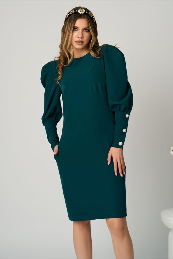 Rochie DY Fashion office din stofa verde cu nasturi pe maneci