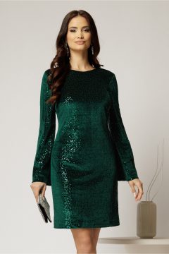 Rochie DY Fashion scurta verde din catifea cu paiete si funda la spate