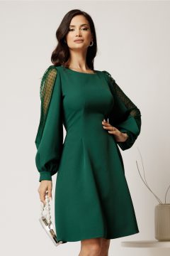 Rochie DY Fashion scurta verde din stofa in clini cu maneci din tull cu buline