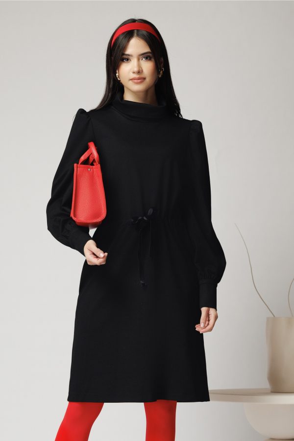 Rochie DY Fashion smart-casual din jerse neagra cu snur in talie Rochie DY Fashion smart-casual din jerse neagra cu snur in talie