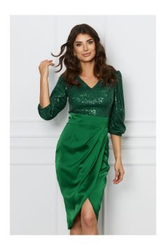 Rochie Dy Fashion verde cu paiete la bust si fusta din satin