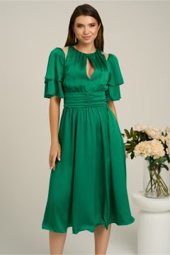 Rochie DY Fashion verde cu volane la maneci si decupaj la decolteu