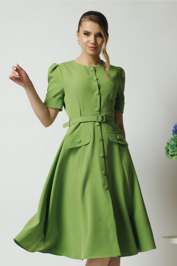 Rochie DY Fashion verde de zi cu nasturi si curea in talie