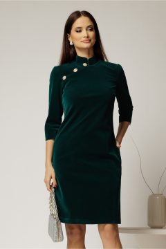 Rochie DY Fashion verde din catifea fixa cu guler tunica si nasturi