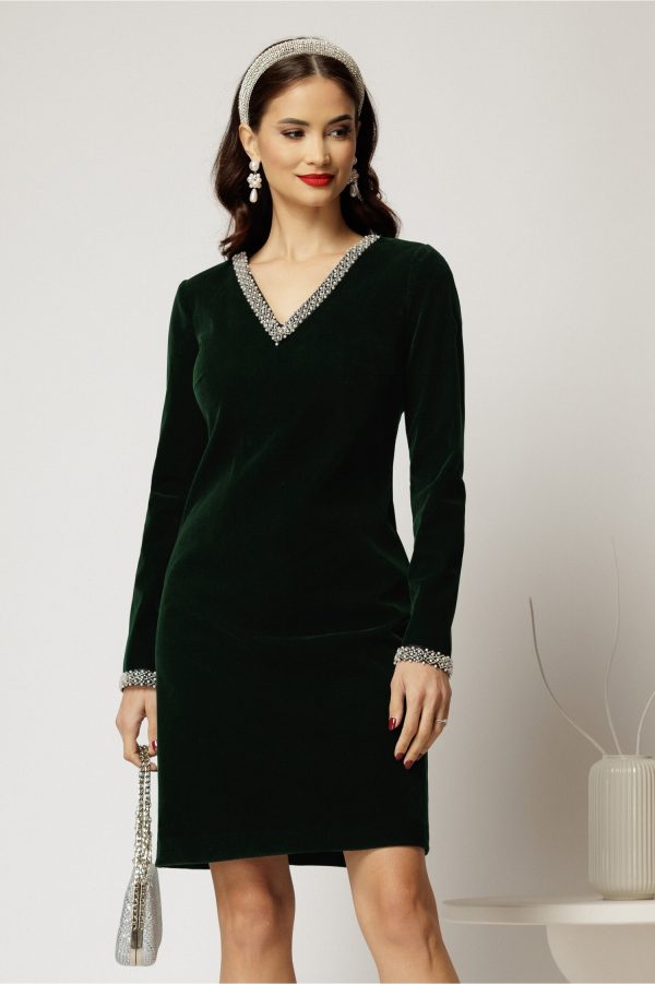 Rochie DY Fashion verde din catifea fixa cu perle la decolteu si maneci